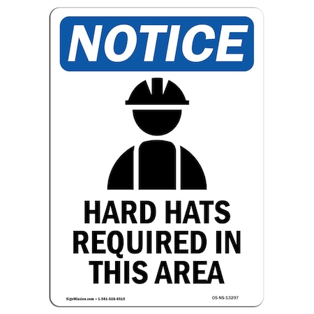 OSHA Notice Sign, Hard Hats Required With Symbol, 18in X 12in Decal